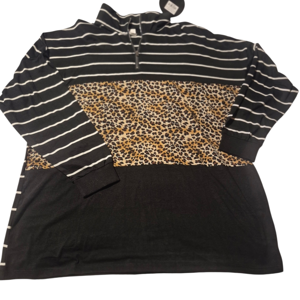 New With Tags Ladies XL Black and Leopard Print Striped Top BOUTIQUE LONG SLEEVE